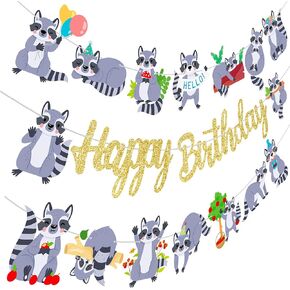 Raccoon Birthday Party Banners 3Pcs Raccoon Birthday Decorations Gold Glitter Happy Birthday Banners Woodland Themed Party Decorations for Raccoon Theme Birthday Forest Animal Baby Shower Supplies