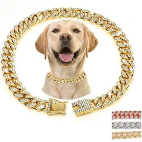 Gold Chain Dog Collar with Bling，Sparkly Diamond Metal Cuban Link Dog Collars, Rhinestone Glitter Puppy Necklace for Small Medium Large Pet Dogs Cats，8 inch