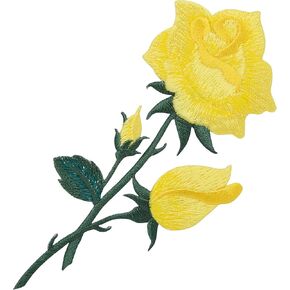 Yellow Rose - Open - Petals on Stem - Embroidered Iron on Patch