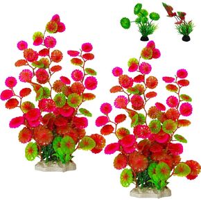 Hamiledyi 2 Pcs Large Aquarium Plants with 2 Pcs Small Artificial Seaweed Plants, 16 Inch High Artificial Plants Decoration, Fish Tank Decor Plastic Plants, Perfect for Aquarium Decor(Pink)