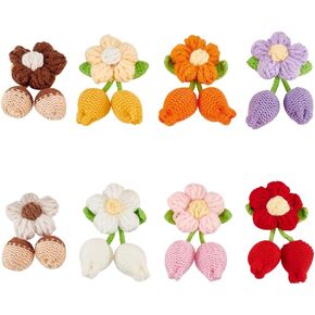 FINGERINSPIRE 8 Pcs Crochet Knitted Puff Flower 2.6x1.6x0.8inch 8 Colors Handmade Crochet Cotton Flower Ornaments 5-Petal Flower with 2 Buds Pendant Cherry Flower for Key Chain Bag Costume DIY Craft