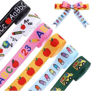 Whaline 6 Rolls Back to School Grosgrain Ribbon 30 Yards School Teacher Themed Ribbon School Bus Pencil Apple ABC Pattern Fabric Decorative Craft Ribbon for Gift Wrapping Hair Sewing Wreath