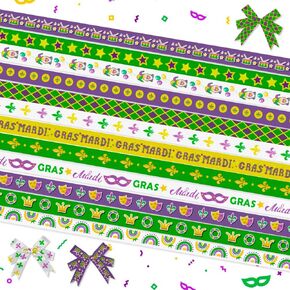 12 Yards Mardi Gras Ribbons Fleur de Lis Ribbons Diamond Decorative Grosgrain Ribbons Green Purple Yellow White Star 3/8" Ribbons for Gift Wrapping Crafts New Orleans Masquerade Party