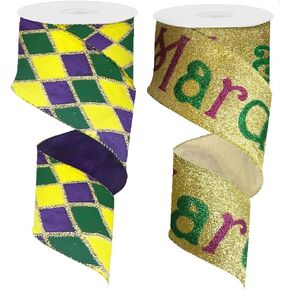 2 Rolls Mardi Gras Ribbon 2.5" x 5 Yards Green, Purple, Golden Satin Polka Dots Wired Edge Ribbon for Wreath Crafting, Gift Wrapping Bows, DIY Crafts
