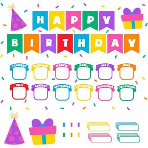 Decorably 89 Pcs Cutouts Confetti Happy Birthday Bulletin Board Set for Classroom, Birthday Wall for Classroom, School
