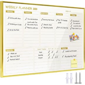 Gold Weekly Dry Erase Board for Wall,12"x16",Small Magnetic Dry Erase Weekly Calendar Board,Gold Metal Frame Weekly Planner Whiteboard for to Do List, Memo, School, Home, Office, Kitchen-GZ