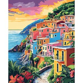Seaside Town Paint by Numbers Kit for Adults, DIY Paint by Numbers Kit for Adults, Coastal City Painting by Numbers Kits Art on Canvas, Digital Oil Number Painting Kits for Home Wall Decor 16x20 Inch