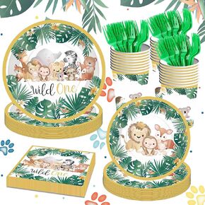 مجموعة الأدوات المائدة للاستحمام في Jungle Safari Savari SECTERS STERS 24 ، مجموعة لوحات عيد ميلاد واحدة ، لوحات ورق الحيوانات ، المناديل ، أكواب ، مائدة لمستلزمات حفلات استحمام الطفل