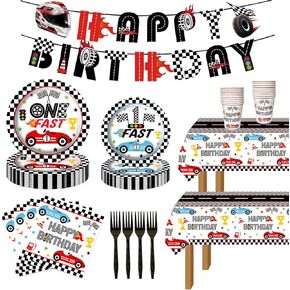 117pcs Race Car 1st Birthday Party Decorations, Fast One Checkered Flag Party Plates Napkins Cups Banner Racing Tablecloths for Boys Racing Car Theme 1st Party Supplies Decorations