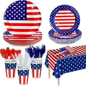 113 PCS 4th July Decorations Flag American Flag Partic Party Supplie ، Fourth Plates and Napkins Cups Knives Forks Spoons Tableroth Red White and Blue Decorations