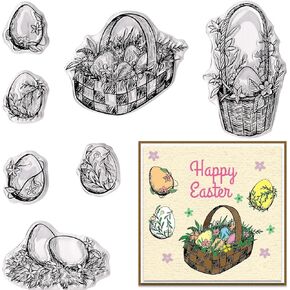 Happy Easter Clear Stamps for Card Making Easter Egg Basket Flower Clear Rubber Stamps Easter Transparent Rubber Seal Stamps for Easter Spirng DIY Photo Scrapbooking Paper Card Album Crafting Supplies