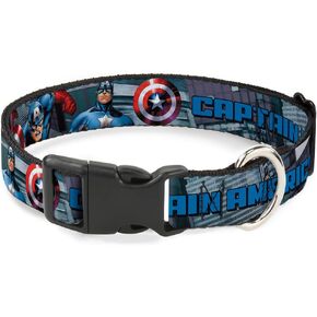 Buckle-Down Dog Collar Plastic Clip Captain America Avengers Logo Cityscape, Multicolor, 1"" Wide - fits 15-26"" Neck - Large (PC-WCA013-L)