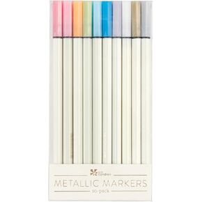 Erin Condren Set of 10 Premium Metallic Markers. Colors - Hot Pink, Dark Coral, Orange, Green, Royal Blue, Navy, Purple, White & Silver. Writing and Drawing Markers