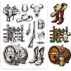 GLOBLELAND Western Cowboy Themed Clear Stamps for Cards Making Riding Boots Beer Clear Stamp Seals Transparent Stamps for DIY Scrapbooking Photo Album Journal Home Decoration