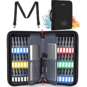 Key Organizer Case - Fireproof & Waterproof Key Bag with 54 Key Tags - Large Portable Zippered Key Storage Box for House, Office, Property Management - Handle & Shoulder Strap Included