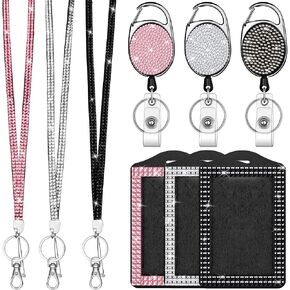 3 Sets Rhinestone Lanyard with Bling Crystal Retractable ID Badge Holder Rhinestone ID Name Badge Reels for Women Teacher Nurse Office Worker (Black,White,Pink)