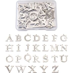 Cheriswelry 26pcs 304 Stainless Steel Letter Alphabet Charms Pendants Mini Metal Letter A~Z Laser Cut Smooth Dangle Charms 10~14mm for DIY Craft Earring Bracelet Necklace Jewelry Making