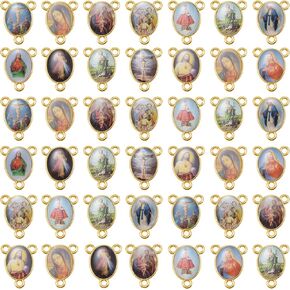 100Pcs Rosary Centerpiece Picture Religious Enamel Jesus Link Connectors Charm Oval Alloy Pendant for Diy Plastic Rosary Making Kit Supplies
