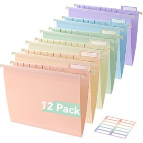 Plastic Hanging File Folders, Letter Size, 12 Pack Pastel Hanging Folders, with Insertable 1/5-Cut Tabs for Filing Cabinets