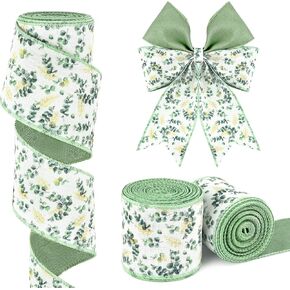 10 Yards Green Leaves Wired Edge Ribbon 2.5 Inch Watercolor Eucalyptus Leaves Fabric Ribbon for Gift Wrapping Bow Wreath Making Crafts (Green Leaves)
