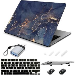 SanMuFly for 2023 New MacBook Air 15 inch Case A2941 M2 15.3" with Retina, Crystal Black Plastic Hard Shell Case + Keyboard Skin Cover + Mini Portable Stand + OTG Adapter, Blue Gold Marble