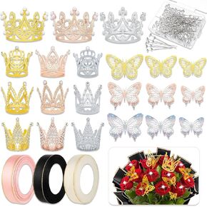 Flower Bouquet Accessories & Crowns for Flower Bouquets, Including 5 Pcs Cake Mini Crown Topper, 36 Pcs Butterfly Decorations&100 Pcs Flower Pins (Gold)