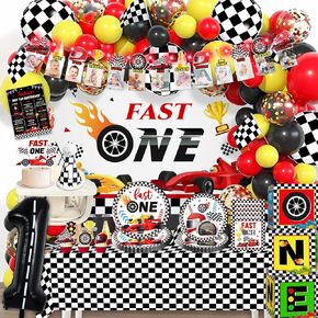 Cocomigo Fast One Birthday Decorations for Boys, Race Car 1st Birthday Party Supplies Banner Balloon Cake Decorations Plates and Napkins Racing Car Theme One-Year-Old Birthday Decorations