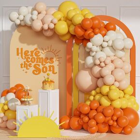 151pcs Here Comes the Sun Balloon Garland Arch Kit, Boho Retro Dusty Slate Blue Burnt Orange Mustard Yellow Balloons for Here Comes the Son Baby Shower Decor