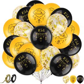 AhfuLife 32 PCS Eid Decorations Balloons, 12 Inches Large Eid Mubarak Balloons for Home, Black and Gold Latex Balloon with 2 Rolls Ribbons for Ramadan Kareem Eid Mubarak Party Supplies