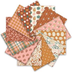 Whaline 12Pcs Boho Fall Cotton Fabric Bundles 10 x 10 Inch Autumn Fat Quarters Boho Sewing Fabrics for DIY Handmade Crafting Home Party Decor