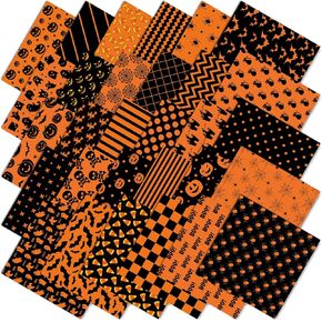 60Pcs Halloween Cotton Fabric Bundles 10 x 10 Inch Pumpkin Spider Ghost Fat Quarters Black Orange Sewing Fabrics for DIY Craft Party Decor