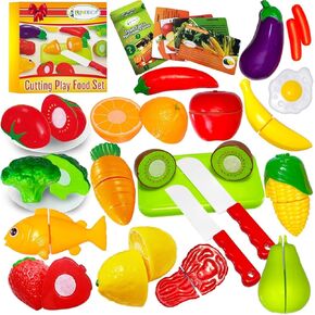 FUNERICA Play Food and Realistic Stainless-Steel Pots and Pans and Utensils - Cutting Fake Food and Pretend Toy Kitchen Accessories Cooking Toy Playset for Toddlers and Kids