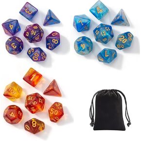 DND Games Dice Set (21 Pcs) with Black Pouche, Three Sets of 7 polyhedral Handmade Dice for Dungeons and Dragons, Role Playing, Table Game, Violet Blue, Orange-red, Blue White