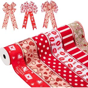 Briful 6 Rolls Valentine Wired Ribbon Set 2.5 inch 30Yards Heart and Love Pattern Fabric Ribbons for Gift Wrapping Crafts Wreath Bow Decorations DIY Projects