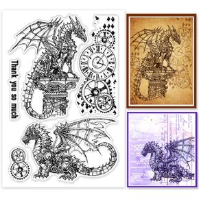 GLOBLELAND Mechanical Dragon Clear Stamps Steampunk Dragon Clear Stamps Gear Clock Background Silicone Stamps for DIY Scrapbooking Photo Album Decorative Cards Making 6.3x4.33inch