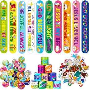 Frienda 110 Pcs Christian Gifts Bulk Religious Slap Bracelets Bible Verse Stickers Jesus Loves You Button Pins Inspirational Prizes for Boys Girls Students Sunday School Party Favor Supplies (Stylish)