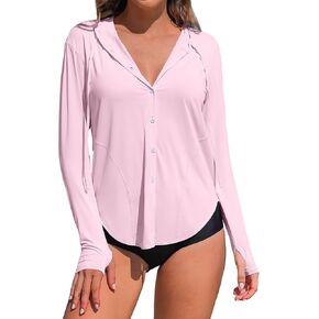 ATTRACO Rash Guard for Women UPF 50+ Sun Protection Clothing Button Down SPF Hoodie Beach Shirts