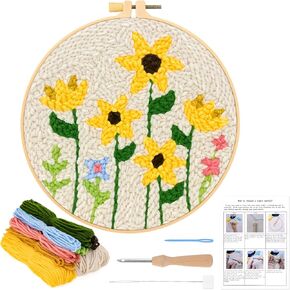JSRQT Punch Needle Embroidery Starter Kits with Embroidery Hoops Beginner Rug Hooking Kit for Beginners Crafts Punch Needle Kit with Instructions Rug-Punch & Pinch Needle with Sunflower Pattern