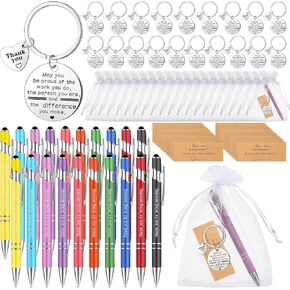 Lincia 20 Set Thanks Appreciation Gift Pens 20 Inspirational Ballpoint Pen 20 Stainless Steel Keychains and 20 Organza Bags 20 Thanks Cards for Colleague Gift(Inspirational,Rustic Color)