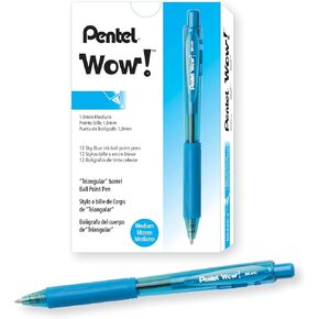 Pentel WOW! Retractable Ballpoint Pens, Medium Line, Sky Blue Ink, Box of 12 (BK440-S)