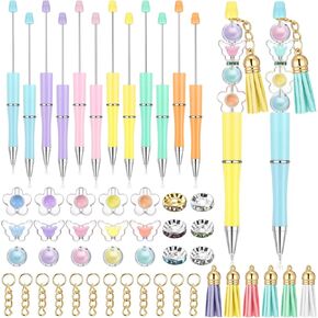 18 Pcs Student Gifts Beadable Pen Plastic Bead Pen Multicolor Ballpoint Pen Kit with 144 Flower Butterfly Beads Spacer Beads Tassel Valentine‘s Day Gift for Kids Classroom Supplies DIY