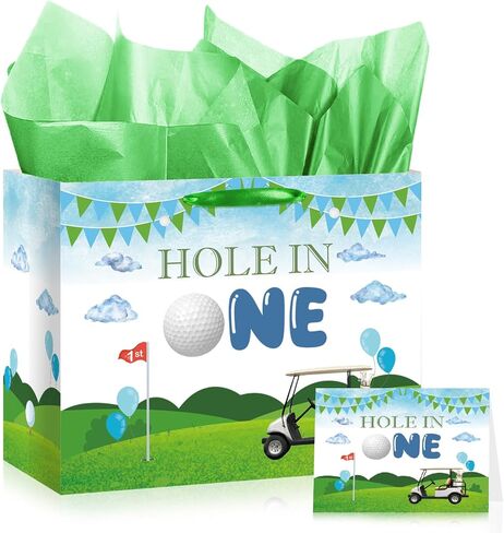 Hole in One Birthday Decorations Hole in One Gift Bag Golf First Party Bag Green 1st Birthday Wrapping Bag with Greeting Card and Tissue Papers for Boys Girls Newborn Baby Shower One Year Old Themed Birthday Party Supplies in Saudi Arabia