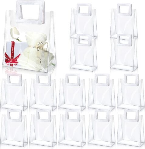 15 Pack Clear Gift Bags with Handles Transparent PVC Gift Bag Heavy Duty Gift Wrap Bags Large Reusable Plastic Bags for Bridal Party Baby Shower Wedding Birthday Shopping Bag (7 x 8 x 4 Inch, White) in Kuwait