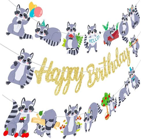 Raccoon Birthday Party Banners 3Pcs Raccoon Birthday Decorations Gold Glitter Happy Birthday Banners Woodland Themed Party Decorations for Raccoon Theme Birthday Forest Animal Baby Shower Supplies in Kuwait