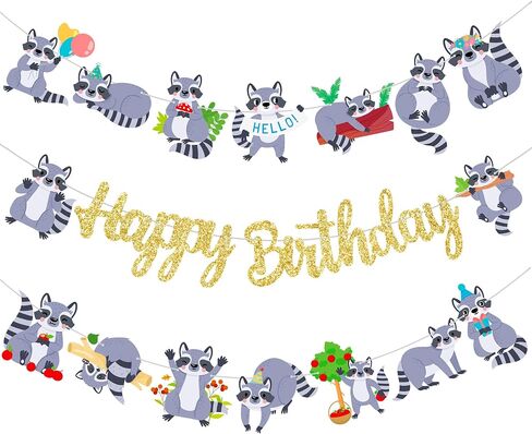 Raccoon Birthday Party Banners 3Pcs Raccoon Birthday Decorations Gold Glitter Happy Birthday Banners Woodland Themed Party Decorations for Raccoon Theme Birthday Forest Animal Baby Shower Supplies in Kuwait