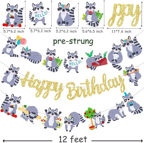 Raccoon Birthday Party Banners 3Pcs Raccoon Birthday Decorations Gold Glitter Happy Birthday Banners Woodland Themed Party Decorations for Raccoon Theme Birthday Forest Animal Baby Shower Supplies in Kuwait