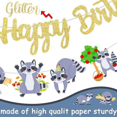 Raccoon Birthday Party Banners 3Pcs Raccoon Birthday Decorations Gold Glitter Happy Birthday Banners Woodland Themed Party Decorations for Raccoon Theme Birthday Forest Animal Baby Shower Supplies in Kuwait