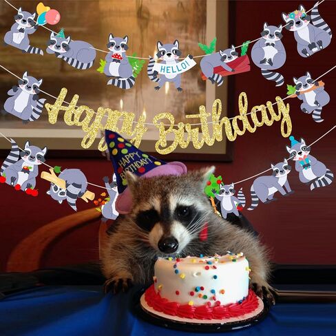Raccoon Birthday Party Banners 3Pcs Raccoon Birthday Decorations Gold Glitter Happy Birthday Banners Woodland Themed Party Decorations for Raccoon Theme Birthday Forest Animal Baby Shower Supplies in Kuwait