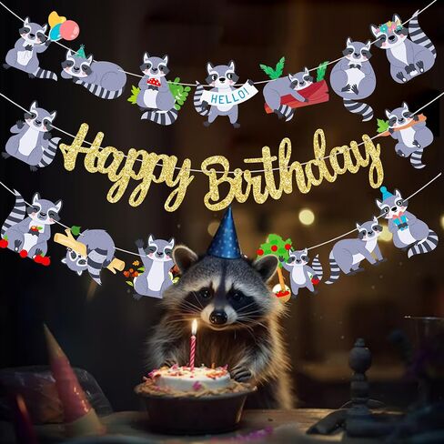 Raccoon Birthday Party Banners 3Pcs Raccoon Birthday Decorations Gold Glitter Happy Birthday Banners Woodland Themed Party Decorations for Raccoon Theme Birthday Forest Animal Baby Shower Supplies in Kuwait