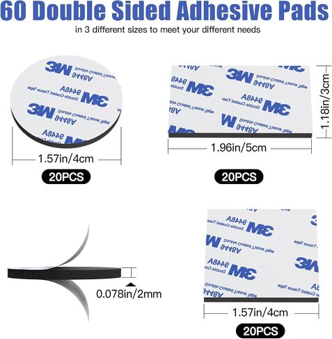 60PCS Heavy Duty Double Sided Adhesive Pads - 3M Foam Tape for Walls, Cars & Home Decor | No Residue, Waterproof Mounting Tape with Strong Hold (Black 20 Squares + 20 Rounds + 20 Rectangles) in Saudi Arabia